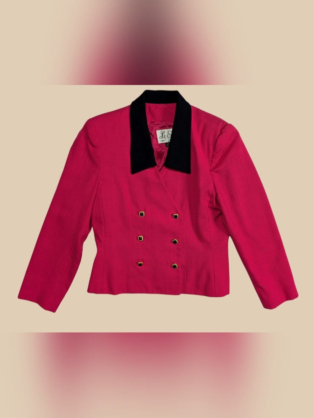 80s Le Suit Vibrant Pink Double-Breasted Blazer with Black Collar